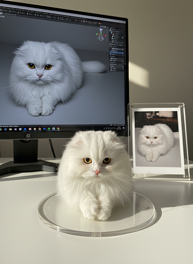 3D拟物风格，毛发生长细节逼真，虚实交融的实景感与柔和光影营造舒适氛围，虚拟现实与真实猫咪呼应，呈现科技与自然的和谐之美。