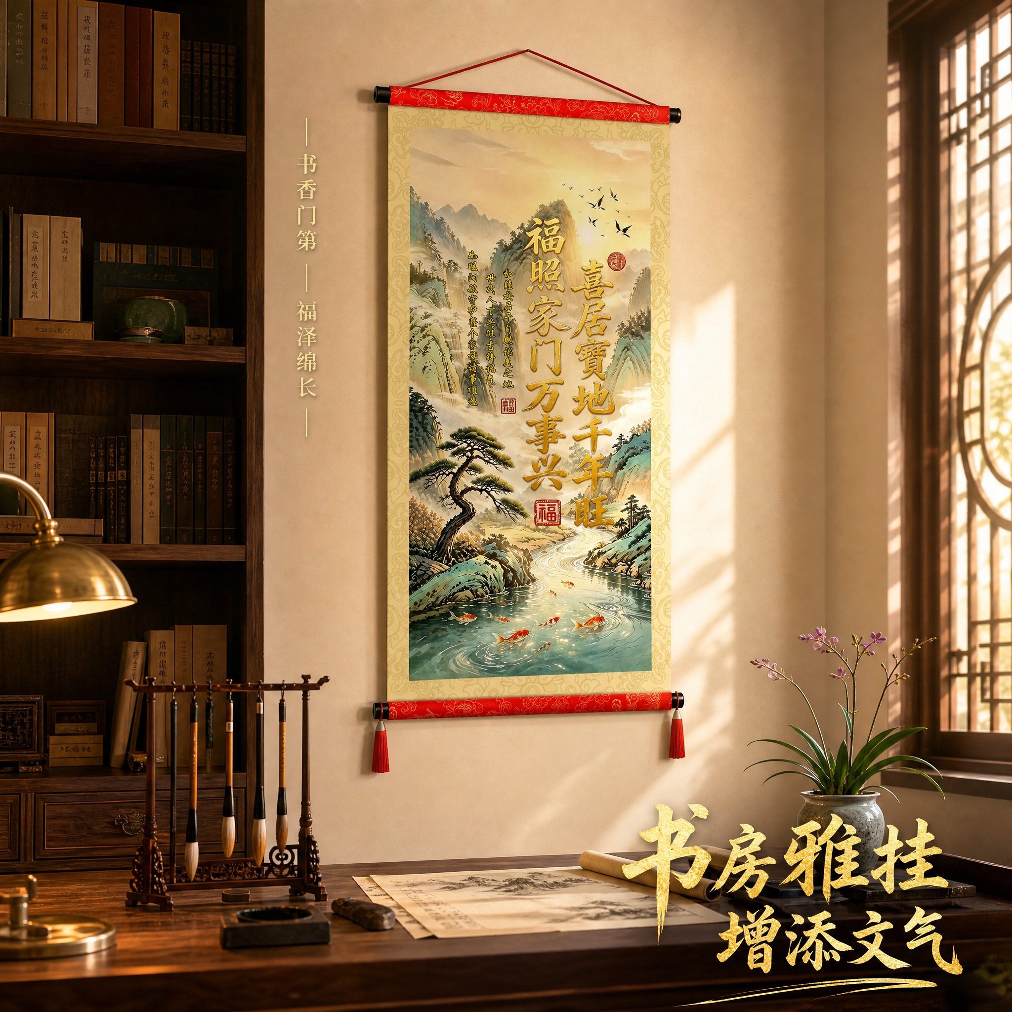 [主图-4] 山水福字书法卷轴挂画 书房场景悬挂效果图。 [统… - 图片创意预览