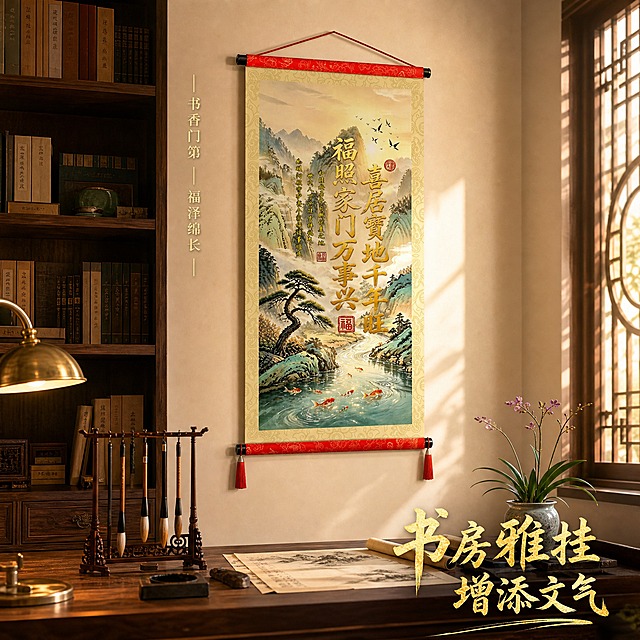 [主图-4] 山水福字书法卷轴挂画 书房场景悬挂效果图。
[统一基调] 新中式国风高级质感，温馨居家生活感，自然柔和午后光线，暖金色调为主，深木色与米白为辅，主标题用烫金粗体书法字，辅助文字用简洁宋体，整体画面干净大气，抖音电商主图风格。
[画面] 书香气息浓厚的新中式书房场景，深棕色实木书柜在画面左侧，柜中摆放线装书与青瓷摆件，书柜旁是实木书桌，桌上有毛笔架、砚台、宣纸与一盏黄铜台灯。书桌后方的米白色墙面上悬挂着山水福字书法卷轴挂画，挂画端正居中，与书桌高度比例协调。书桌上还摆放着一小盆兰花，增添文雅气息。挂画为画面视觉重心，主体占比约48%，微仰视视角，体现挂画提升书房文化氛围的效果。画面左侧有竖排烫金小字“书香门第 福泽绵长”，画面右下角有主标题“书房雅挂 增添文气”。
[光影质感] 午后自然光从右侧窗户照入，配合桌面台灯的暖光，形成多层次柔和光影，挂画表面丝绢布质感清晰，金色字体在光线下微微反光，整体氛围温暖文雅，商业空间摄影质感。
[配色] 主色深木色、米白、烫金，辅助色青绿山水、中国红、兰花紫，整体色调沉稳有书卷气，新中式文人氛围。
[文字版式] 主标题烫金粗体书法字，放在右下角负空间；左侧竖排小字为浅金色纤细宋体；文字不遮挡挂画主体，清晰可读。
[输出要求] 1:1正方形比例，2K高清，挂画外观、结构、图案与输入产品图完全一致，无变形、无错字、无模糊、无水印、无平台Logo、无多余人物。