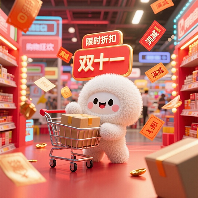画面中有购物车、优惠券、包裹等购物元素，还有可爱拟人化电商平台形象（或卡通购物小人），围绕 “双十一” 促销标识互动。场景设定：热闹的线上电商界面或线下商场，背景有闪烁促销灯光、满是商品的货架、代表网络的科技感元素，营造双十一购物狂欢氛围。风格参考：3D 卡通渲染风格，活泼有活力，融合电商促销热闹感与卡通可爱感。色调色彩：以红色、金色、橙色等喜庆醒目色调为主，搭配白色亮色，体现促销热烈氛围。构图视角：平视视角，核心促销元素与购物卡通元素置于画面中心。细节补充：飞舞的优惠券，闪烁的 “限时折扣”“满减” 文字光效，商品和购物元素带动态感，似欢快参与购物狂欢。