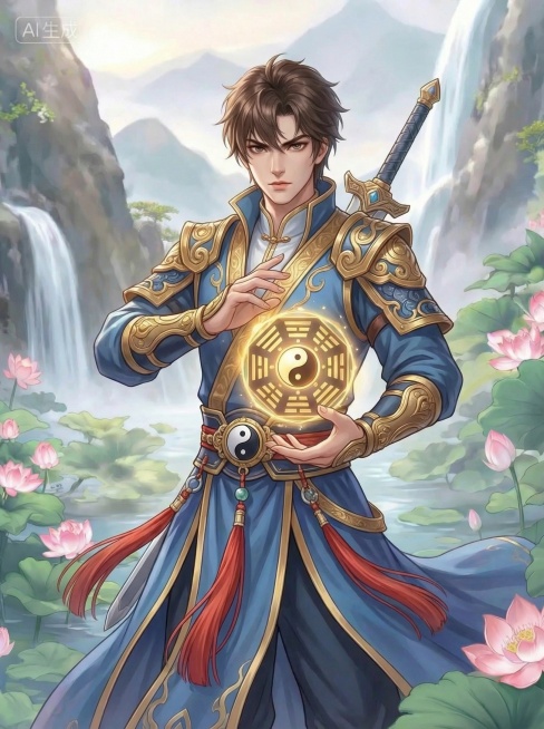 「图片1」类似画风的古装仙侠图，年轻男性，棕色短发眼神锐利。身着蓝金太极劲装，肩甲护腕为金色，腰间太极腰带挂红流苏，背后扛长剑，手中悬浮金色八卦盘预览效果