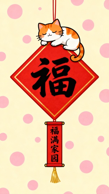 中国传统春节主题插画，米黄色背景点缀粉色圆点图案，中央是一个红色菱形挂饰，边缘有金色细边框，菱形上方趴着一只橘白相间的卡通猫咪，猫咪闭着眼睛、表情温顺、尾巴自然卷曲，菱形中央是黑色书法字体“福”字，菱形下方悬挂着一个红色卷轴，卷轴上有黑色竖排书法字体“福满家园”，卷轴底部有金色流苏，整体风格喜庆、可爱、温馨，充满节日氛围，线条圆润流畅，色彩明快和谐，具有浓厚的传统吉祥寓意和卡通插画的趣味性。预览效果