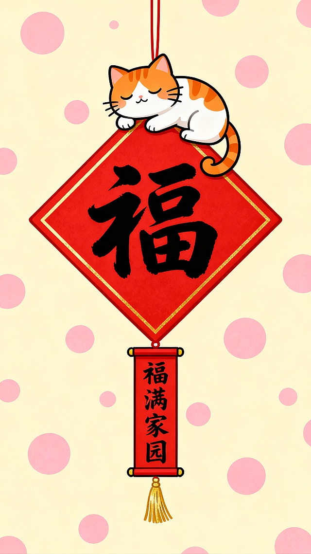 中国传统春节主题插画，米黄色背景点缀粉色圆点图案，中央是一个红色菱形挂饰，边缘有金色细边框，菱形上方趴着一只橘白相间的卡通猫咪，猫咪闭着眼睛、表情温顺、尾巴自然卷曲，菱形中央是黑色书法字体“福”字，菱形下方悬挂着一个红色卷轴，卷轴上有黑色竖排书法字体“福满家园”，卷轴底部有金色流苏，整体风格喜庆、可爱、温馨，充满节日氛围，线条圆润流畅，色彩明快和谐，具有浓厚的传统吉祥寓意和卡通插画的趣味性。