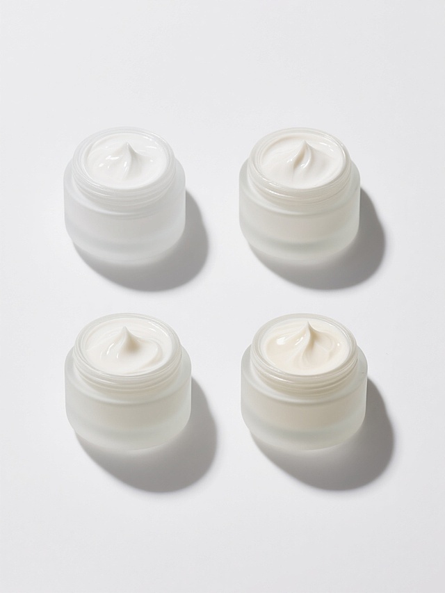 纯白纯色背景上，四个规整排布的不同膏体，每个膏体保持简约现代的造型，具有细腻的高光和阴影过渡，展现出光滑柔润的质感，整体画面干净整洁，无任何文字、logo和水印。