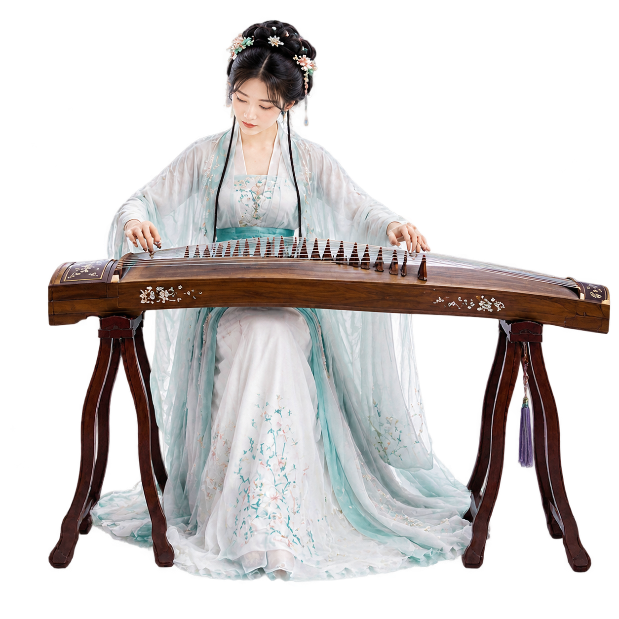 保留中间C位身着青白色汉服端坐弹奏古筝的女子和完整的古筝乐器，… - 图片创意预览