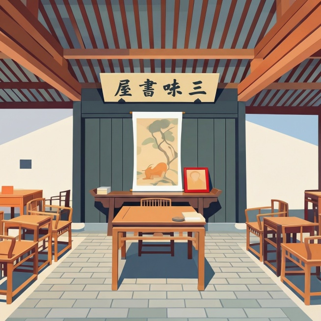 图中的文字改成三味书屋，繁体字，从右到左预览效果