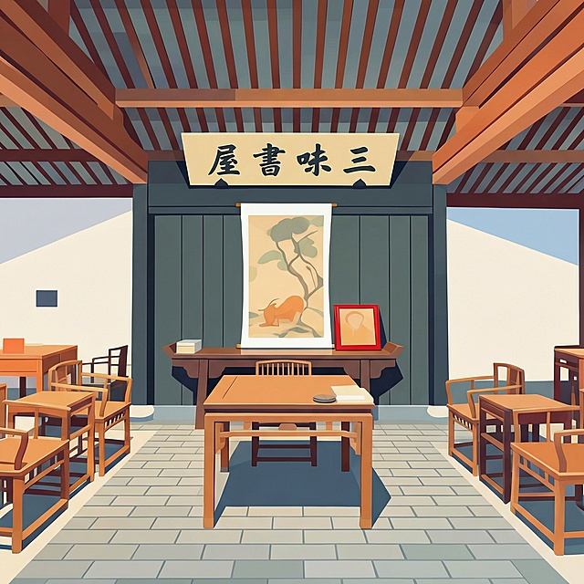 图中的文字改成三味书屋，繁体字，从右到左