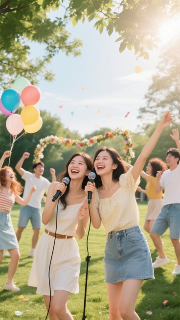 两个年轻女性面带灿烂笑容，手持麦克风在户外草坪上欢乐歌唱，周围有几位不同性别和发型的朋友在欢呼起舞，阳光透过树叶洒下柔和光影，背景有彩色气球和花环装饰，整体呈现明亮欢快的聚会氛围，人物穿着休闲时尚的夏季服装，画面充满活力与喜悦感，具有清晰的视觉层次和自然的写实风格。预览效果
