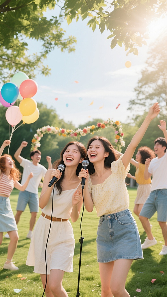 两个年轻女性面带灿烂笑容，手持麦克风在户外草坪上欢乐歌唱，周围有几位不同性别和发型的朋友在欢呼起舞，阳光透过树叶洒下柔和光影，背景有彩色气球和花环装饰，整体呈现明亮欢快的聚会氛围，人物穿着休闲时尚的夏季服装，画面充满活力与喜悦感，具有清晰的视觉层次和自然的写实风格。