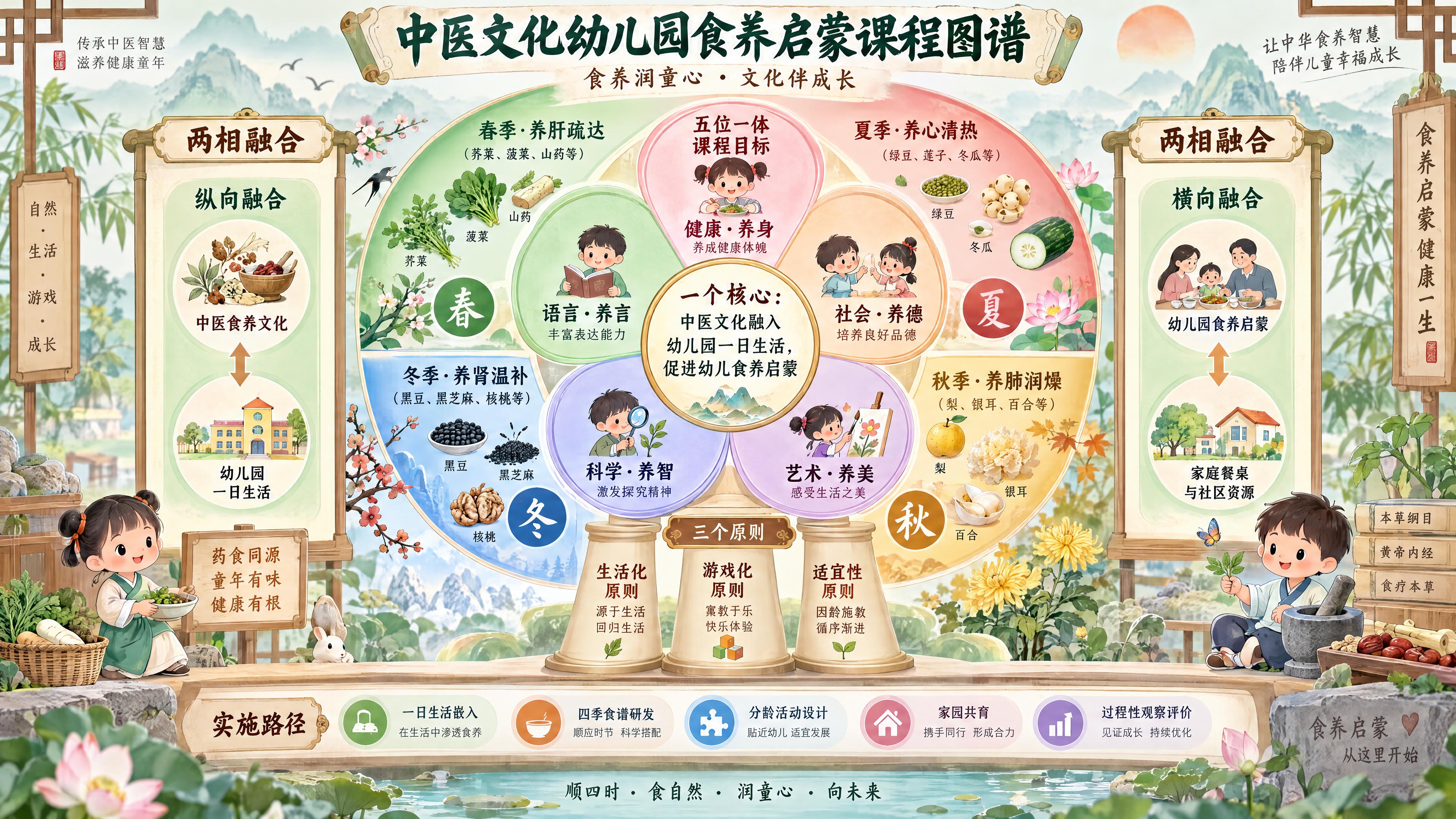 中医文化幼儿园食养启蒙课程图谱，采用同心圆+五瓣花的可视化设计… - 图片创意预览