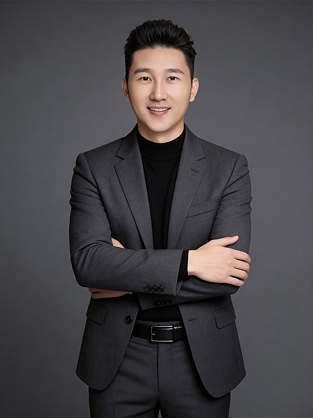 参考图中保留人物脸型、发型、年龄等特征生成职场形象照,标准焦段50mm,f/4光圈(f/2.8-f/4区间),平视视角(镜头与人物视线齐平);人物占画面70%,人物居中(居中构图),位于画面中心,为视觉聚焦点,入境范围头部及以下至臀部下方10cm(半身像);左右留少量背景空间;头部与画面顶部保留5%空间;头部发型完整,头肩比例协调,人物结构准确;发质微微柔顺，微微蓬松。身穿修身精纺羊毛混纺面料的深灰色西装外套,含5%桑蚕丝提升柔光质感,平驳领设计增加商务正式感,左胸袋无口袋巾保持简化高级感,西装下摆保持自然垂度;内搭黑色中领紧身针织上衣;下装精纺羊毛混纺面料的深灰色高腰直筒西裤,面料同西装,搭配黑色哑光头层牛皮皮带,宽1.5cm,带扣为长方形拉丝黑色金属,尺寸1.8cm×2.5cm;着装正式干练;正式严谨专业稳重;身形匀称,姿态端正,身体挺拔。呈正面抱胸的自然站立姿态:左臂搭于右臂上方,肩颈自然松弛下沉,姿态自信从容;简约冷调深灰色纯色背景(呈现均匀柔和质感),背景光线均匀柔和,强化色彩对比的高级感,极简干净;32k画质超高分辨率、细节清晰,现代精致感风格;肤质精细化处理;眼神直视镜头,目光坚定且澄澈,表情自然。嘴角上扬;肌肤白皙透亮,柔光提亮,细腻无瑕,通透高级冷白皮,干净清透肤质,肤色均匀,柔光美白细腻陶瓷肌肤,自然提亮,光影柔和通透水光肌,肤质细腻平滑干净哑光肤质,无油光无暗沉,肤色均匀提亮;杰作,最佳画质,超高细节,写实摄影,中近景人像,面部清晰,五官精致,皮肤细腻通透,白皙清透皮肤,干净肤色,健康肤色,无蜡黄,无暗沉,无黄皮,柔光,正面补光,面部光线均匀明亮,无浓重阴影,冷色调白平衡,画面干净清新,色调明亮,对焦清晰,肤质细腻,高清皮肤细节;面部光比1:1.5,4800K中性光,微微修饰脸型,肤质哑光细腻,面部雾面柔光,轻透裸肌感,真实毛孔纹理;分辨率4k,去除人物之外的所有元素。严格按照图片内容生成。