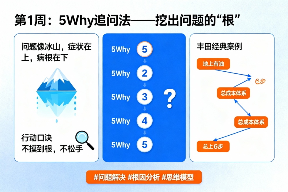 请生成一张知识卡片设计，主题是“5Why追问法——挖出问题的根”。
设计风格：简约商务风，蓝白橙配色，现代专业感。
内容结构要求：
1. 顶部：主标题“第1周：5Why追问法——挖出问题的‘根’”
2预览效果