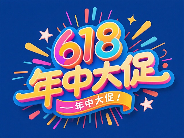 色彩鲜艳的"618年中大促"艺术字设计，采用活泼醒目的渐变配色方案，字体造型在保持原文字结构基础上增加圆润流畅的曲线变化和几何图形装饰元素，整体视觉效果更具动感和现代感，文字周围配以放射状线条和星形图案增强促销氛围，确保"618"和"年中大促"核心文案内容清晰完整。
