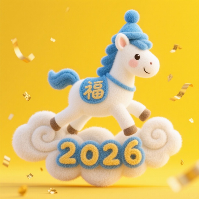 戴绒球蓝帽的卡通小白马，穿绣 “福” 字新年装，踩在祥云上，“2026” 嵌在祥云纹里，明黄背景落金粉彩带预览效果