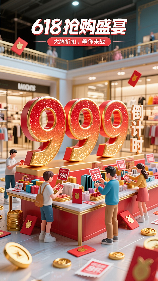 巨大的数字“999”在画面中间，红金渐变，带有闪亮效果。旁边是简单的“倒计时”。背景为豪华的购物厅，桌子上摆满了各种特卖商品和折扣标签。男生女生在前面抢购，旁边有金币、红包和优惠券。主标题"618抢购盛宴"，副标题"大牌折扣，等你来战“。