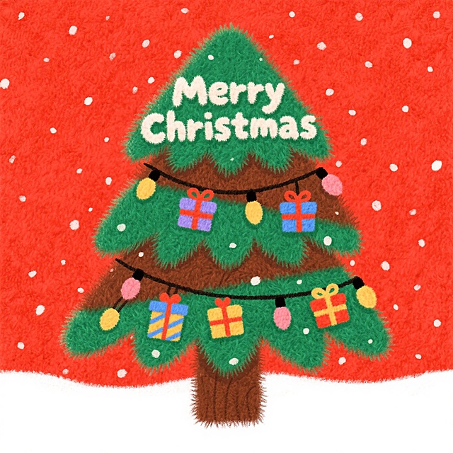 喜庆红底雪景中，毛茸茸的圣诞树挂满礼物与彩灯，插画风结合轻拟物与毛发生长质感，卡通感十足，传递温暖节日氛围。