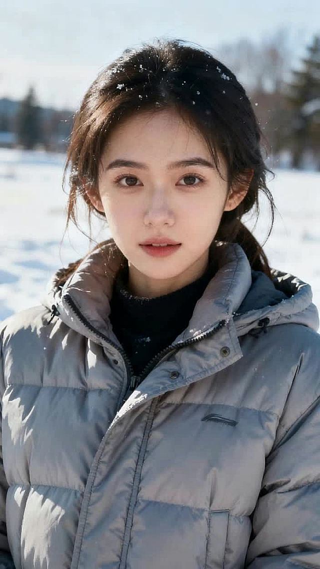 女生站在雪地里，面带微笑，希区柯克式变焦。