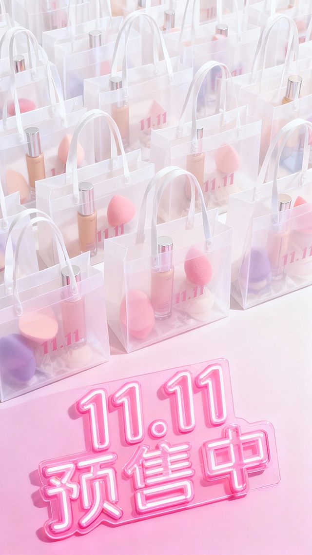 大量浅白色半透明购物袋整齐排列，每个购物袋内都放着重复相同的图中主体，每个袋子上印有醒目的 “11.11”，俯视，背景明亮的渐变色，热闹的促销氛围，下方为粉色3D大字荧光灯牌“11.11 预售中”，正面视角
