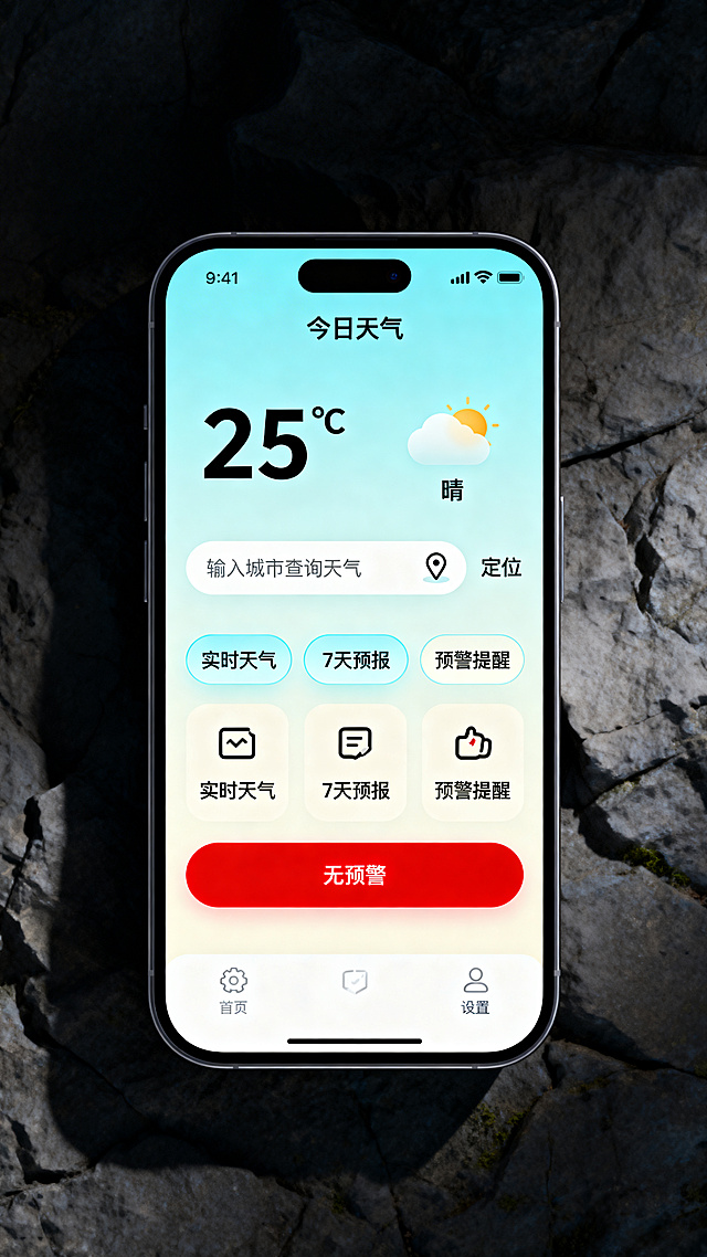 设计一款移动端每日天气App首页UI界面，遵循以下设计原则：1.用户为中心，了解用户对天气查询、预警提醒的核心需求，优化查询流程；2.简洁高效，突出当前天气核心信息，减少操作步骤，避免信息过载；3.一致性，遵循移动端设计规范，保持视觉风格统一，交互模式一致；4.可访问性，支持字体调整，考虑特殊群体使用需求，提供清晰的交互反馈。整体风格现代简约，清晰舒适，适合移动端竖屏显示。