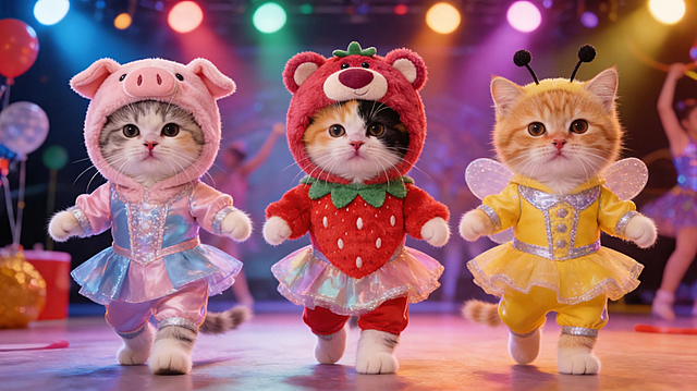 去掉右下角的水印，保留图片原有内容、风格和三只穿着演出服猫咪的舞台场景不变