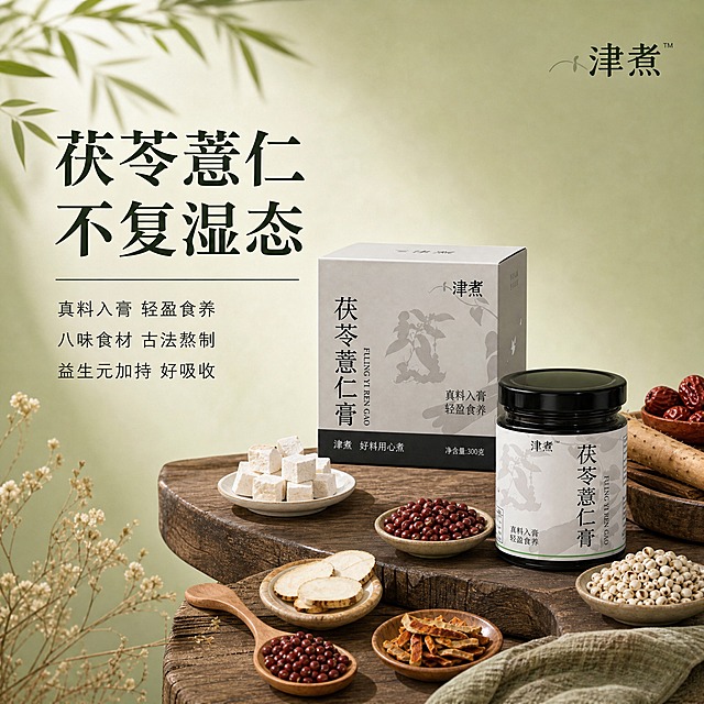 [主图-1] 首图点击率主题：茯苓薏仁 不复湿态。核心任务是用新中式养生场景突出产品整体形象与核心卖点，吸引小红书用户点击。
[统一基调] 新中式温润养生风格，整体色调为浅绿米白暖调，低饱和度高质感；主标题用粗衬线宋体，深墨绿色；辅助文案用细黑体，深灰色；强调色为苔绿色；画面干净通透，有自然柔光，小红书原生氛围感，无硬广感。
[画面] 产品为茯苓薏仁膏，包含白色纸盒包装与黑色玻璃膏罐各一个，包装上印有“津煮”品牌与“茯苓薏仁膏”字样，产品外观、颜色、结构、字体与输入商品图完全一致。画面采用左文右图构图，产品组（纸盒在前、膏罐在右前方）位于画面右侧偏中下位置，占画面约55%；产品放置在深木色矮台面上，周围散落真实原料：茯苓块、薏苡仁、赤小豆、干橘皮、山药片、红枣，用小瓷碟与木勺自然摆放；背景是渐变的浅豆绿色墙面，左上角有柔和的竹叶投影，营造中式禅意氛围；左下角有一小束干花枝条作为点缀。
[光影质感] 自然柔光从左上方斜射，产品表面有柔和高光，玻璃罐有通透反光，底部有自然接触阴影，整体温润明亮，商业摄影质感，无生硬阴影。
[配色] 主背景浅豆绿渐变，台面深木色；主标题深墨绿色，辅助文案深灰色，强调点缀苔绿色；整体低饱和暖调，新中式温润感。
[文字版式] 主标题位于画面左上区域，大字两行：“茯苓薏仁 不复湿态”，粗衬线宋体，深墨绿色；主标题下方一条细横线分隔；横线下方小字三行：“真料入膏 轻盈食养”“八味食材 古法熬制”“益生元加持 好吸收”，细黑体，深灰色；右上角放“津煮”品牌小Logo；文字不遮挡产品主体，放在负空间。
[输出要求] 比例1:1，2K高清，产品清晰完整，文字清晰可读，小红书封面质感；禁止变形、错字、模糊、杂乱、水印、平台Logo、医疗功效暗示、绝对化用语。