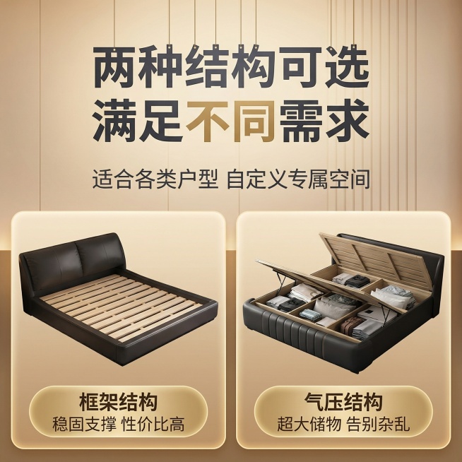 轻奢风软体床结构可选说明图，高级轻奢质感，同系列暖调光影。采用上下分屏布局，上部70%为悬浮主标题「两种结构可选 满足不同需求」，副标题「适合各类户型 自定义专属空间」。下部30%左右分栏，左栏为框架预览效果
