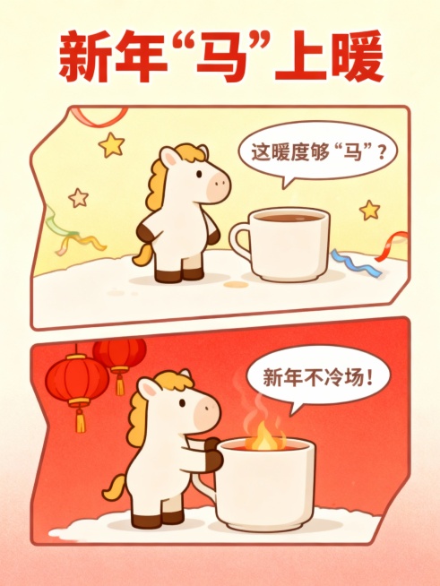 异形两格漫画分镜，上方主标题艺术字“新年‘马’上暖”，第一格是一只卡通小马在杯子旁边，周围搭配星星、彩带等装饰元素和“这暖度够‘马’？”气泡文案，第二格是一只卡通小马两只马蹄向杯子取暖，旁边搭配红色灯预览效果
