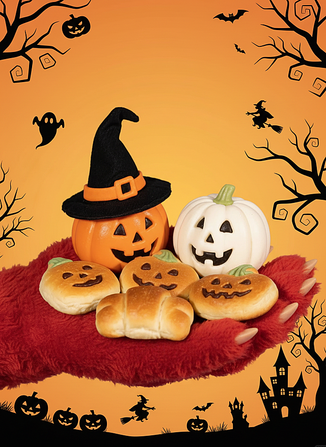 一只红色毛绒怪物的手托着主体，橙黄色背景，边缘点缀黑色剪影风格的万圣节元素：南瓜灯、幽灵、蝙蝠、女巫剪影、城堡和扭曲的树木