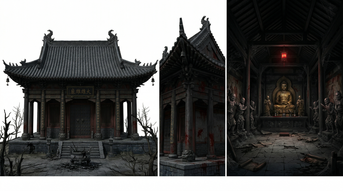 超现实3D渲染风格，纯白背景，包含金山寺大雄宝殿的外部全景、外部侧面和内部全景三个视角，整体形制为重檐歇山顶，面阔五间进深四间，坐落在金山半山腰3米高风化黑石砌成的青石台基上，布满裂纹和暗绿色苔藓，整预览效果