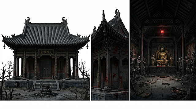 超现实3D渲染风格，纯白背景，包含金山寺大雄宝殿的外部全景、外部侧面和内部全景三个视角，整体形制为重檐歇山顶，面阔五间进深四间，坐落在金山半山腰3米高风化黑石砌成的青石台基上，布满裂纹和暗绿色苔藓，整体高度约22米含屋顶。主色调为黑、暗灰、暗红、暗金，风格压抑肃杀，没有传统金碧辉煌感。屋顶是黑灰色琉璃瓦，瓦当为狰狞兽面纹，屋脊两端鸱吻扭曲如魔化龙形，双目空洞。飞檐陡峭上翘，檐角悬锈黑铁制风铃。檐下斗拱漆黑，无彩绘只有扭曲暗纹，阴影极重。殿身外墙和立柱为暗黑色石砖，斑驳剥落露出暗红底色，墙面上有暗红血渍状痕迹。正面八根巨柱由黑檀木包裹玄铁，柱身刻满褪色暗金咒文，柱底是狰狞兽面基座。正门为三扇厚重黑铁门，门上布满尖刺状铜钉，门环为鬼首造型，眼窝嵌暗红光石。匾额是黑底暗金“大雄宝殿”四字，字体扭曲如鬼画符，边缘焦黑破损。殿前是裂缝丛生长黑苔的青石板广场，中央设残破焦黑石香炉，积满香灰与残骨，左右立两根黑铁灯杆，悬锈迹斑斑铁油灯，灯火昏黄如鬼火。两侧只有枯瘦扭曲的黑树，枝桠如鬼爪伸向殿门。大雄宝殿内部：空间纵深约24米，宽22米，高15米，开阔压抑，光线极暗，穹顶木质藻井漆黑如墨，蛛网密布，中央悬一盏残破长明灯，火光微弱暗红。中央主佛区：8米高如来坐像，金身剥落面目模糊，面部开裂双眼黑洞，左手残缺右手结印扭曲；胁侍迦叶阿难尊者像高4米，面色铁青表情痛苦，衣袍染暗红斑驳痕迹；基座是黑色须弥座，刻满魔化莲花与狰狞小鬼浮雕，台面前倾布满裂纹。东西两侧沿墙立十八3米高罗汉像，均为非传统祥和造型：面目狰狞怒目圆睁獠牙外露，肢体扭曲持破碎兵器，材质泛死灰光泽，部分开裂露出暗红内里。墙面斑驳发黑，残存暗红壁画描绘神魔厮杀凡人献祭，颜料剥落模糊不清。殿后海岛观音壁塑整体灰暗残破，观音面容模糊衣袍破碎，身旁龙女善财童子呈枯骨状，海浪夜叉造型扭曲如恶鬼，壁塑多处崩塌落满碎石灰尘。地面是积厚灰长黑苔的青石板，散落残破蒲团、烧焦经卷、断骨残片，左右偏角各设一黑铁香案，摆放破旧铜罄和锈迹烛台，烛泪堆积如黑蜡丘陵。黑木梁柱蛛网密垂有虫蛀痕迹，刻褪色暗红咒文。整体光线由长明灯、烛台、窗缝漏入微弱天光交织，昏黄暗红冷灰，阴影浓重，氛围压抑诡谲，图片中不能出现任何文字。