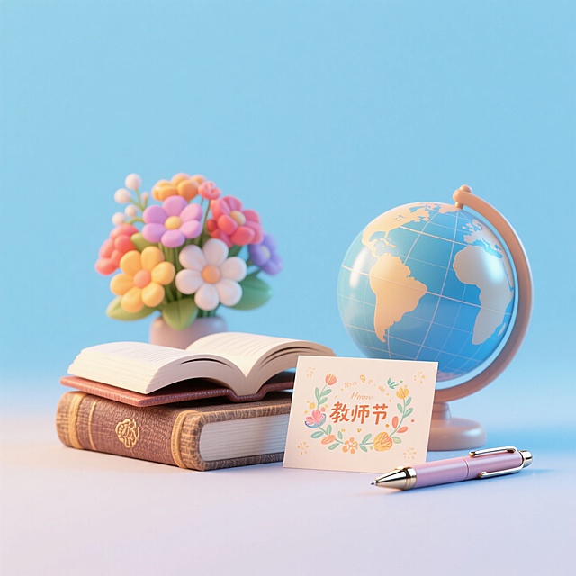 书本、地球仪、教师节贺卡、一束花、笔，摆放在一起，浅蓝色背景