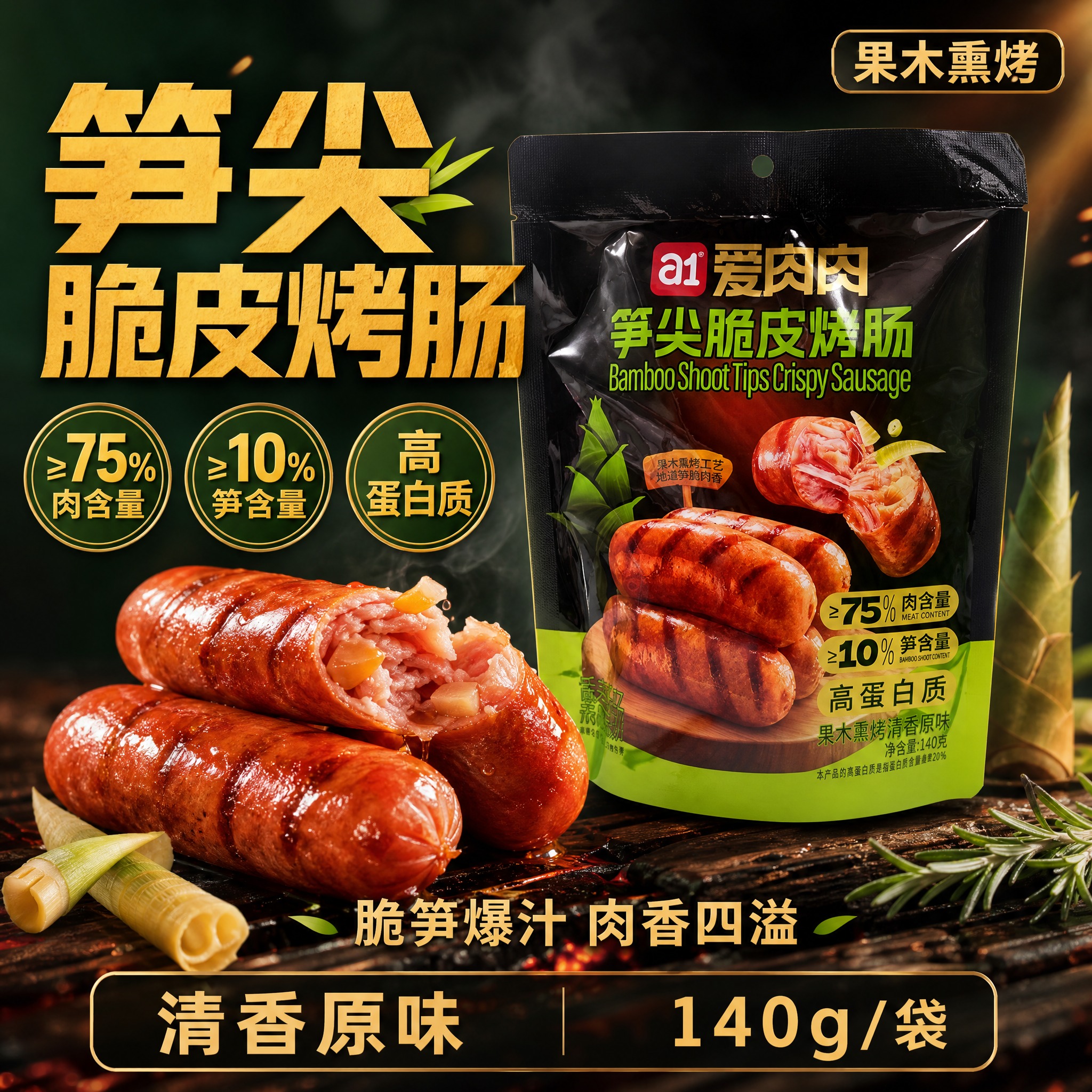 [单张主图] a1爱肉肉笋尖脆皮烤肠果木熏烤清香原味，爆款促销… - 图片创意预览