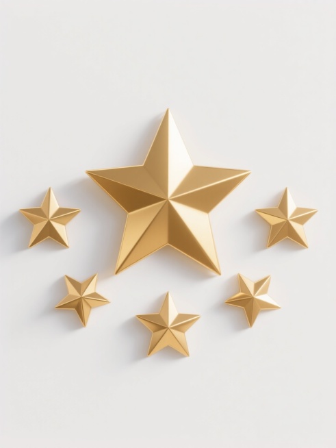 五个金色五角星，中央为最大五角星，两侧各有两个逐渐变小的五角星，呈对称弧形排列，具有金属质感和立体光影效果，表面有清晰的棱角和高光，背景为纯白色，整体风格干净简洁，符合现实光影逻辑，适合作为背景素材使用。预览效果