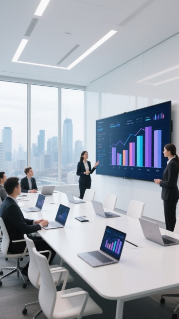 现代简约风格的会议室场景，明亮通透的空间，大尺寸落地窗展示着繁华的城市天际线，柔和的自然光与室内均匀的白光照明相结合，营造出专业、高效的氛围。长方形白色会议桌干净整洁，桌面上摆放着多台打开的笔记本电脑，屏幕显示着数据分析图表，几位身着职业装的商务人士围坐或站立在桌旁，神情专注地进行讨论或展示。其中一位女性正站在巨大的电子显示屏前，屏幕上呈现着彩色柱状图表和数据信息，整体色调以白色、浅灰色为基础……预览效果