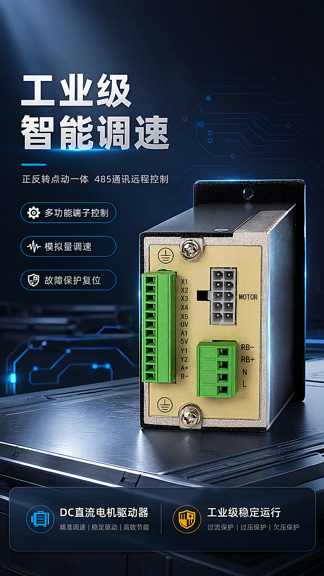 [第1张] 详情页头图-智能数显电机调速器新品宣传海报。本张使用【图1】作为商品主体。
[氛围/风格] 工业科技硬核风，深灰蓝背景，金属质感，商业摄影级工业产品大片质感，专业严谨。
[元素布局] 调速器主体置于画面中右侧，占比约55%-60%，正面45°微仰视角度展示；左侧为标题文案区；背景为深蓝色渐变工业风背景，带有微弱的电路板纹理和发光线条装饰；底部为金属质感台面；产品物理结构、端子接口、金属外壳、绿色接线端子颜色与输入产品图完全一致。
[光影质感] 左上方冷色调硬光照明，右侧辅助光勾勒轮廓，底部自然投影，金属外壳高光清晰，端子接口细节分明，整体冷峻专业。
[配色色系] 全局底色 #1A2332 深蓝灰；主色金属银灰+科技蓝 #00B4FF；辅助色端子绿 #4CAF50；点缀色橙黄警示标。
[视角构图] 正面微仰视45°角，产品为视觉中心，阅读动线左上标题→右侧产品→底部参数条。
[文字版式] 版式为左侧大标题+右侧产品+底部信息条。主标题「工业级智能调速」，副标题「正反转点动一体 485通讯远程控制」，两行粗黑体左对齐；标题下3个卖点胶囊「多功能端子控制」「模拟量调速」「故障保护复位」；底部信息条标注「DC直流电机驱动器」和「工业级稳定运行」；文字不遮挡产品主体。
[比例分辨率] 9:16 竖版比例，4K分辨率，文字清晰可辨，高清画质。
[负向提示词] 产品变形，缺件错件，端子数量错误，颜色偏差，水印，文字错乱，产品图模糊，背景杂乱，玩具感，廉价感。