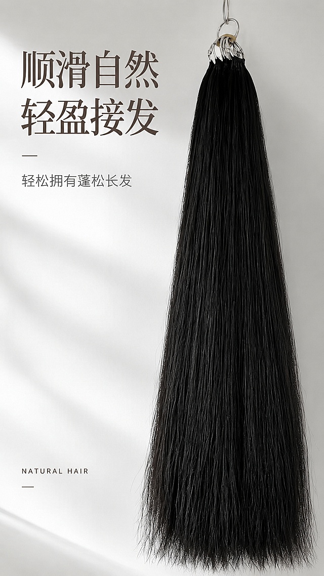 [第1屏] 详情页头图-自然黑色接发片宣传海报。本屏使用【图1】作为商品主体。
[标题版式] 简约现代风格标题，左上排版，粗细字重对比，细英文装饰，干净留白，保持产品视觉占比。
[氛围/风格] 高级简约电商风，柔和干净的背景，突出发丝自然顺滑质感，商业摄影质感。
[元素布局] 接发片商品置于画面右侧偏中位置，占比约65%-70%；左侧预留标题区，背景使用浅灰渐变增加层次，保持接发片发丝结构、颜色、长度与输入产品图完全一致。
[光影质感] 左侧柔光主光源，右侧自然过渡，发丝根根分明保留清晰纹理，整体光影通透干净。
[配色色系] 全局底色 #F5F5F5；主色自然黑色；辅助色浅灰色背景、深棕色标题。
[视角构图] 正面平视视角，商品为绝对视觉中心，阅读动线从左上标题自然流向右侧商品主体。
[文字版式] 版式为左上标题 + 右侧产品展示。主标题 "顺滑自然 轻盈接发"，副标题 "轻松拥有蓬松长发"，中文排版清晰层次分明；左下角点缀英文 "NATURAL HAIR"，不遮挡产品主体。
[比例分辨率] 9:16 竖版比例，4K 分辨率，文字清晰可辨，高清画质。
[负向提示词] 发丝变形，颜色偏差，文字错乱，水印，产品图模糊，结构错误，背景杂乱