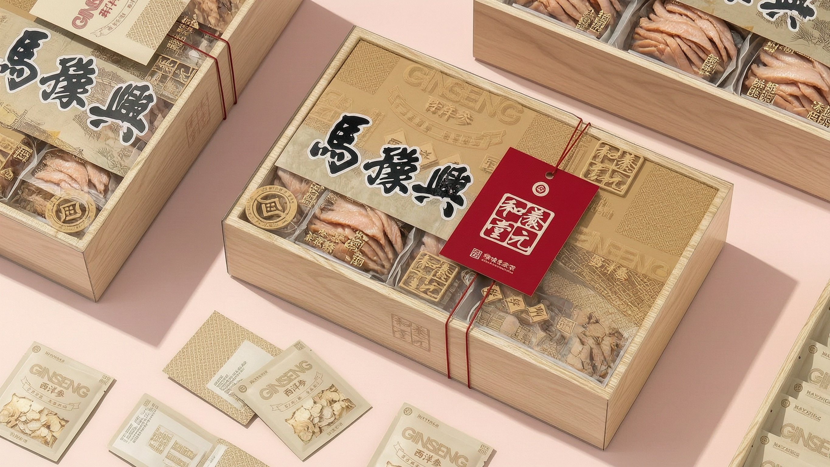 参考图一二设计，将包装文字替换：盒子上左上角“西洋参”替换为大… - 图片创意预览