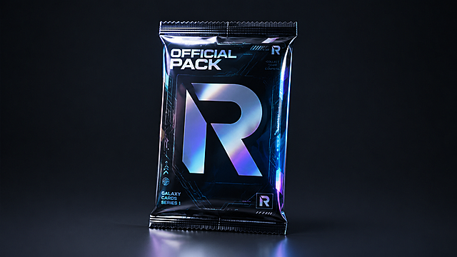 制作一个卡牌盲袋子，融入图片中的R logo，盲袋标题"OFFICIAL PACK"，炫彩科技感，酷炫风格，细节丰富，光影自然，简约背景