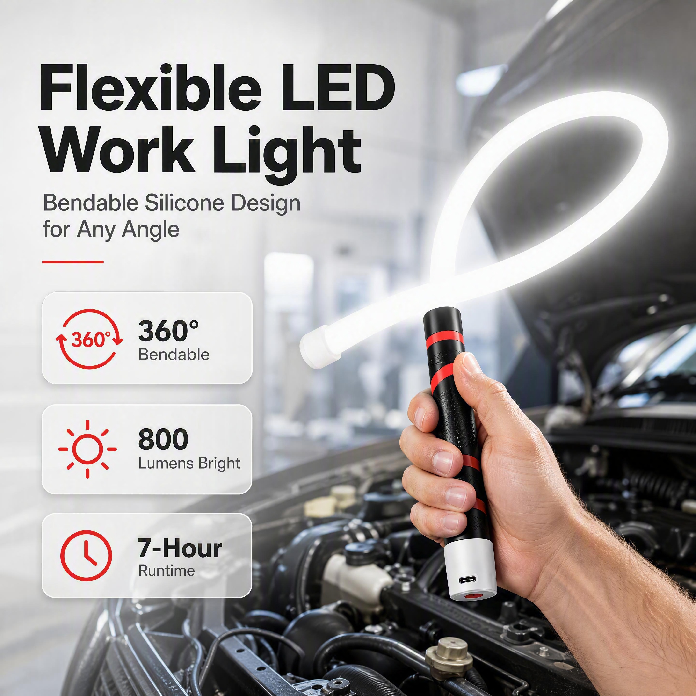 [商品] 使用【图1】硅胶柔性LED工作灯；保留黑色手柄配红色… - 图片创意预览