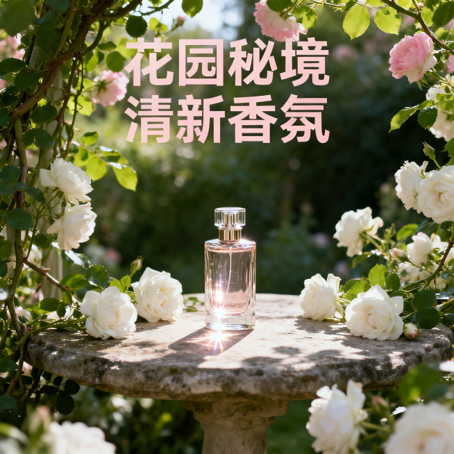 香水瓶置于开满白色蔷薇的花园石桌上，周围环绕着翠绿藤蔓与淡粉花朵，柔和自然光透过枝叶洒在瓶身，折射出清新光泽，突出展示产品，“花园秘境 清新香氛”预览效果