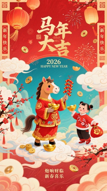 以正红为底色，画面身着红金吉服的可爱拟人小马（衣饰绣 “财” 纹），小马一手持鞭炮串，另一手攥金元宝，脚站在祥云上；旁伴持福袋的孩童（红衣绣梅花），点缀挂穗灯笼、铜钱、红梅枝、烟花等吉祥元素；上方大字预览效果