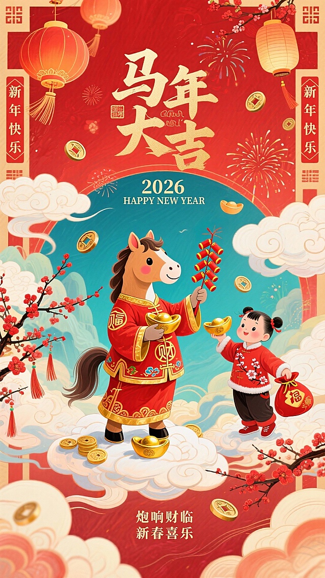 以正红为底色，画面身着红金吉服的可爱拟人小马（衣饰绣 “财” 纹），小马一手持鞭炮串，另一手攥金元宝，脚站在祥云上；旁伴持福袋的孩童（红衣绣梅花），点缀挂穗灯笼、铜钱、红梅枝、烟花等吉祥元素；上方大字 “马年大吉”，旁配 “2026”“HAPPY NEW YEAR”；左右侧竖排 “新年快乐”；底部小字 “炮响财临 新春喜乐”；整体红火热闹，传递马年招财纳福的祈愿。