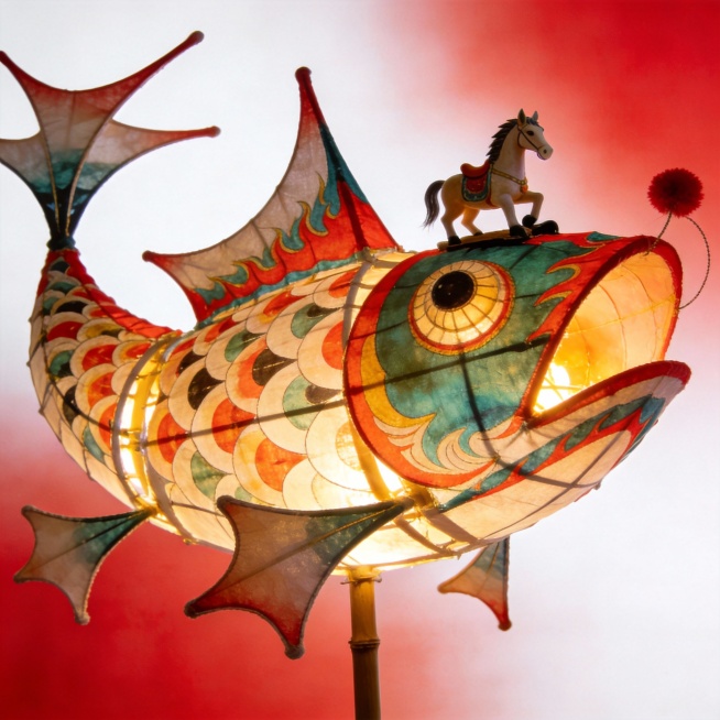 画面中心大的非遗布艺油纸的鱼灯，细腻清晰纹理，内部发光，无限细节，明暗对比，独特形状，大师级设计，美观，独特的美学、不对称的设计、高饱和度红色和白色渐变背景， 对每个结构细节的详细描绘，细腻清晰的纹理预览效果