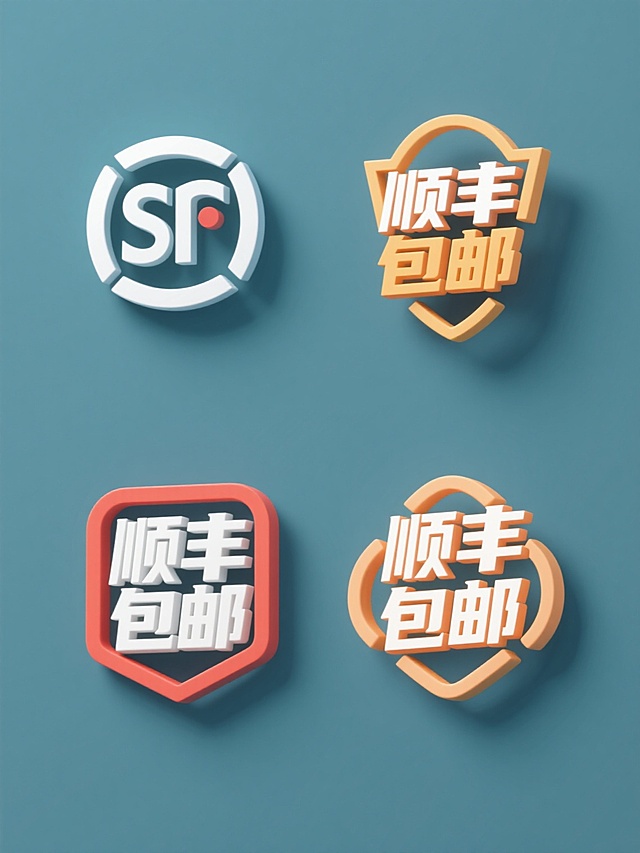 3D风格，纯色背景下4个规整排布的素材，分别是不同造型样式的“顺丰包邮”元素，以极简主义为基调，采用立体线条勾勒，色彩鲜明，每个元素具有平衡对称的现代设计感，主体造型简洁，细节处展现3D效果，突出图形识别度。