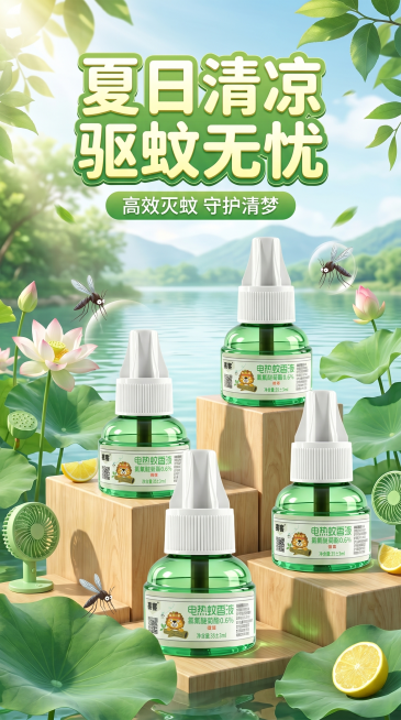 制作一张夏天推广电热蚊香液的宣传图，将这5瓶不同数量组合的电热蚊香液进行创意排版，放置在清新自然的夏天绿色户外背景上，添加夏日驱蚊推广主题文字，整体风格清新明亮，充满夏日氛围感，突出产品，吸引消费者购预览效果