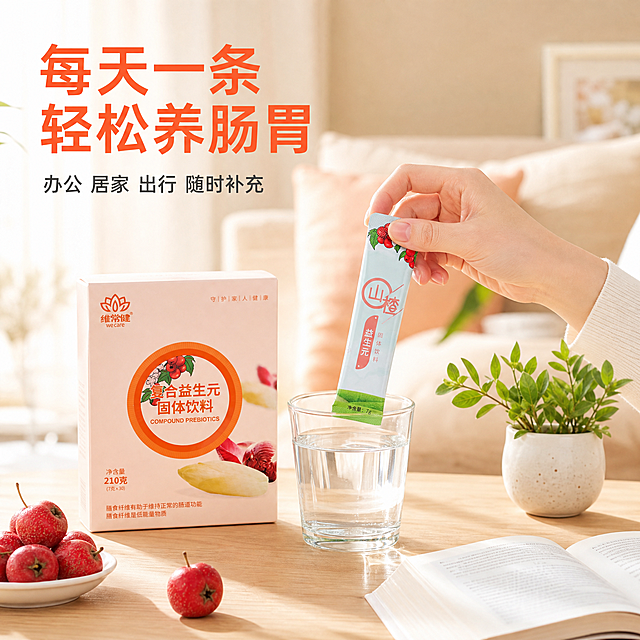 [主图-4] 场景与体验：展示日常补充益生元的生活场景，增强代入感。
[统一基调] 整体风格=清透健康的食品保健商业摄影风；背景主色=浅暖杏白渐变；标题字色=暖橙红；辅助字色=深暖灰；强调色=山楂红；字体=现代无衬线粗体（标题）+ 简洁无衬线体（正文）；组件=圆角浅底信息卡、细线引线、圆形营养图标；光影=左前侧自然暖柔光，通透干净。
[画面] 温馨居家餐桌场景，浅木色桌面，一位年轻女性（亚洲面孔，健康自然）的手部正拿起一条山楂益生元小袋，手边放着一杯温水和打开的产品包装盒。桌面点缀新鲜山楂、一本打开的书、一小盆绿植。背景是明亮的客厅虚化，阳光从左侧洒入，营造轻松日常的健康生活氛围。产品包装与小袋外观与输入图一致。
[光影质感] 自然窗边暖光，柔和阴影，场景真实有生活气息，产品融入场景自然，无硬切边缘。
[配色] 主色暖木色+米白，点缀山楂红与叶绿，整体温暖治愈。
[文字版式] 左上角主标题「每天一条 轻松养肠胃」（暖橙红粗体）；副标题「办公 居家 出行 随时补充」（深暖灰，字号较小）。文字放在画面左上留白处，不遮挡人物手部与产品。
[输出要求] 比例1:1，2K高清，场景自然，产品清晰，人物手部正常，无畸形，无错字，无水印，无平台Logo。