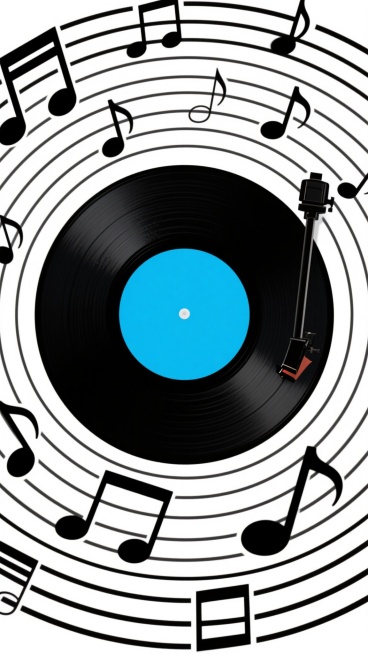 极简主义风格海报，以白色为背景，中央是一个黑色同心圆线条环绕的留声机唱片，唱片中心为鲜艳的蓝色圆形，唱片边缘连接着黑色的唱臂，周围散布着多个大小不一的黑色音乐音符，整体构图简洁对称，线条流畅，视觉层级清晰，色彩对比鲜明，传达出音乐主题的简约现代感。预览效果