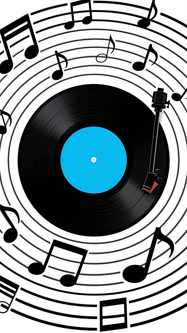 极简主义风格海报，以白色为背景，中央是一个黑色同心圆线条环绕的留声机唱片，唱片中心为鲜艳的蓝色圆形，唱片边缘连接着黑色的唱臂，周围散布着多个大小不一的黑色音乐音符，整体构图简洁对称，线条流畅，视觉层级清晰，色彩对比鲜明，传达出音乐主题的简约现代感。