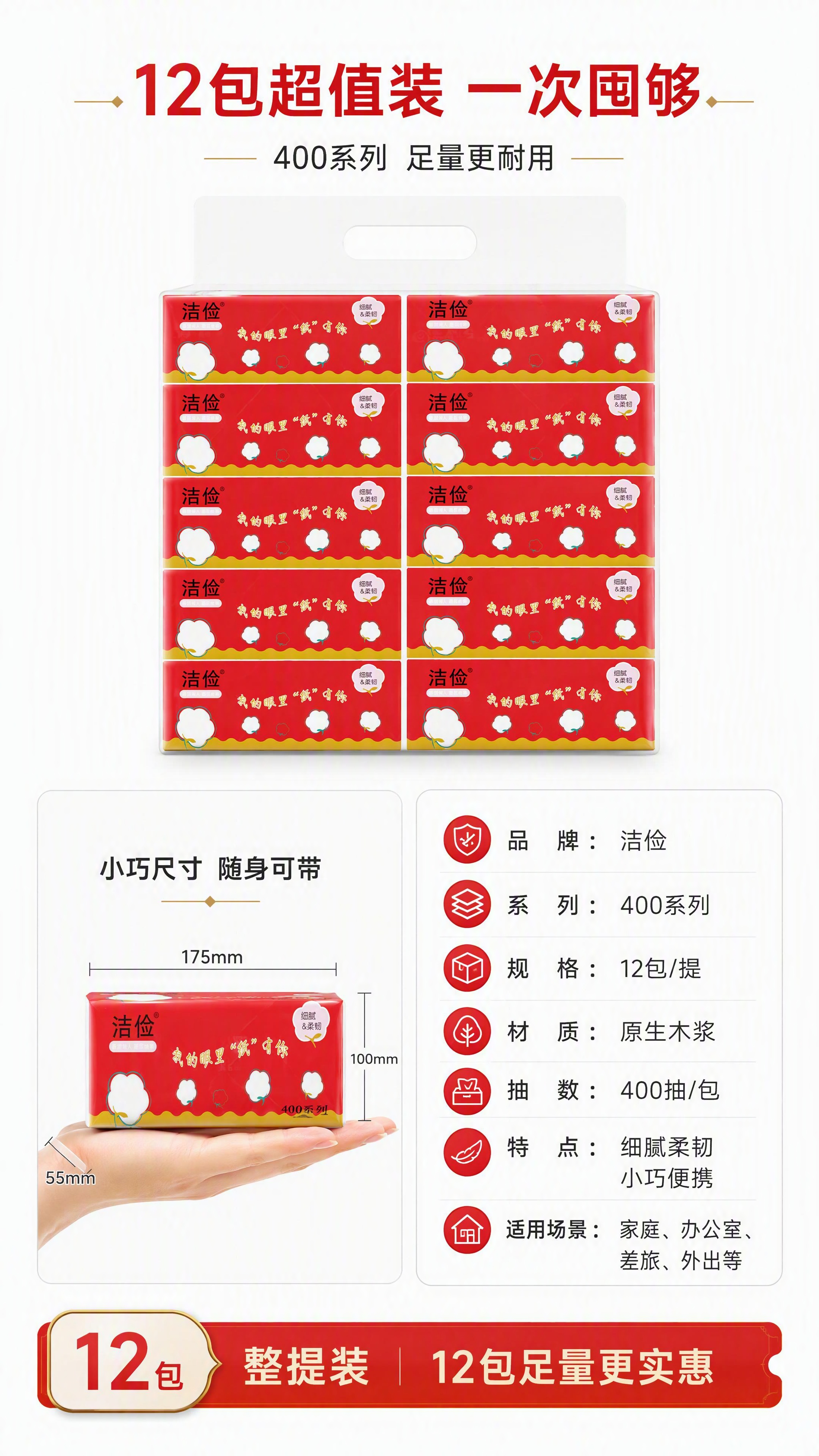 [第7张] 规格参数页 - 产品信息卡与12包提装展示。本张使… - 图片创意预览