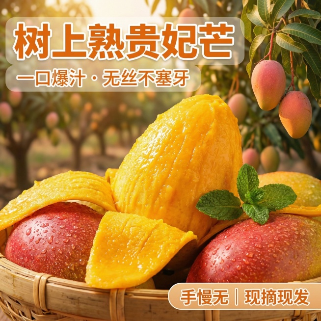 基于原图保留剥开展示的贵妃芒果肉、木盘、带水珠的红黄色果皮和顶部薄荷叶元素，增强水果光泽感。生成树上熟贵妃芒电商主图，风格为自然田园风，暖橙色调，传递新鲜健康、香甜浓郁的感知。文字排版集中在左上区域，预览效果